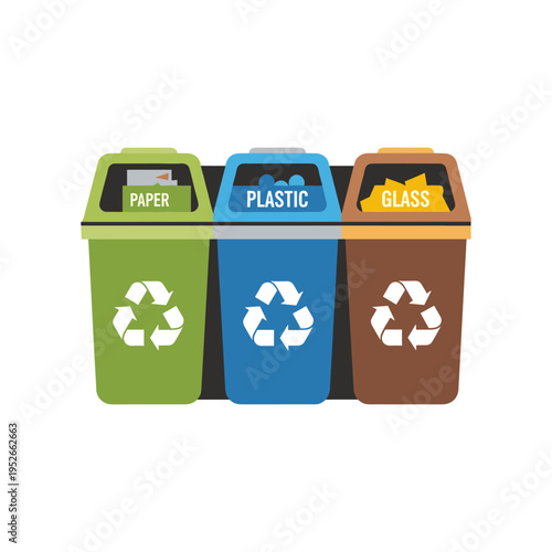 recycling bins for paper, plastic, and glass