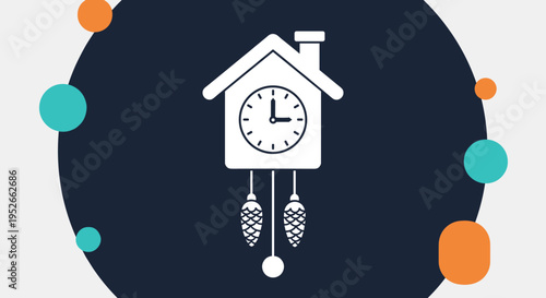Traditional cuckoo clock icon features a white house shape with hanging pine cones on a dark blue background with decorative circles.