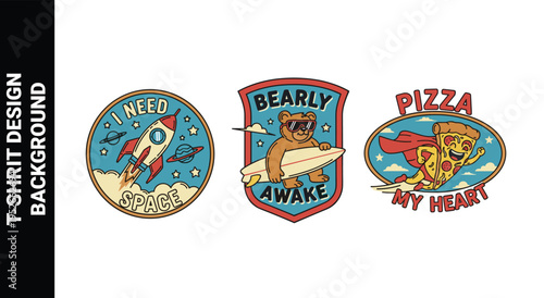 Whimsical badge designs with space rocket surfing bear and flying pizza hero