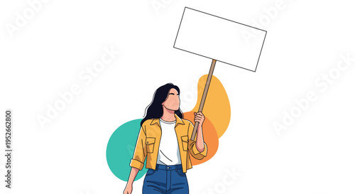 Confident young woman standing and holding up a large blank white placard sign for a protest or announcement message.