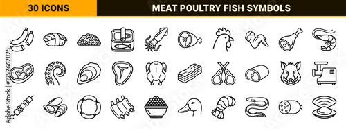 Professional Butcher Shop and Seafood Market Monoline Symbols Featuring Meat Cuts Poultry and Marine Life in Minimalist Vector Style