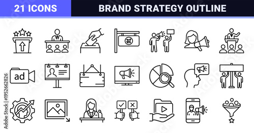 Professional Marketing and Corporate Communications Monoline Icon Set featuring Minimalist Digital Advertising and Brand Strategy Symbols