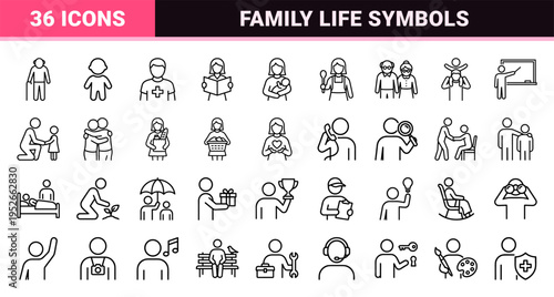 Professional Family and Social Relationship Monoline Symbols featuring Minimalist Caregiver Figures and Parenting Outline Elements for App Design