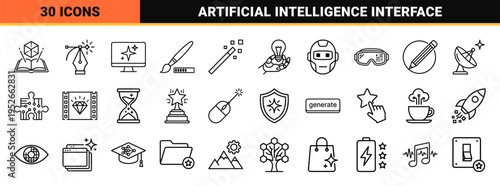 Generative Artificial Intelligence User Interface Buttons and Sparkle Symbols in Monoline Vector Style for Software Design and Digital Creation Tools