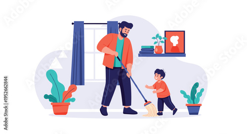 Father and young son working together to sweep the floor in a living room with plants and cozy home interior decor.