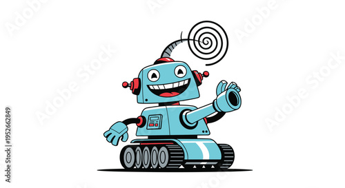 Friendly cartoon robot character designed as a small blue tank with a wide smile and a spiral antenna on its head.