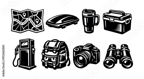 Black and white vector set of travel and adventure icon illustrations