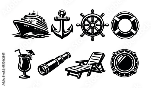 Nautical silhouette icons set featuring ship anchor life preserver and more in black and white