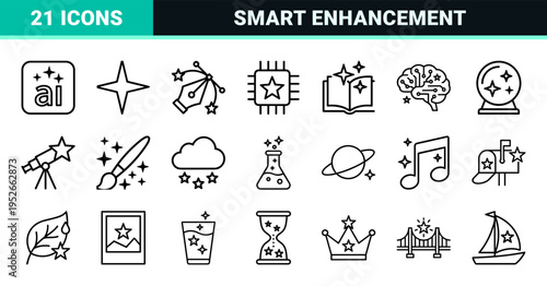 Artificial Intelligence Spark Symbols and Enhancement Features in Technical Monoline Style for Smart Content and Creative Software Interface