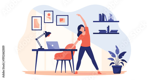 Young woman taking a break to stretch her arms while working from her home office desk with a laptop and lamp.