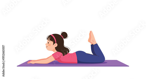 Little girl practicing yoga in a cobra pose on a purple mat for health and wellness during her daily exercise routine.