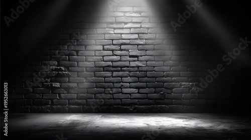 Dramatic Spotlight Illuminating Textured Brick Wall and Dusty Floor.