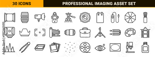 Photography Equipment and Digital Imaging Symbols featuring Sophisticated Monoline Outlines for Technical Design and Creative Media Navigation.