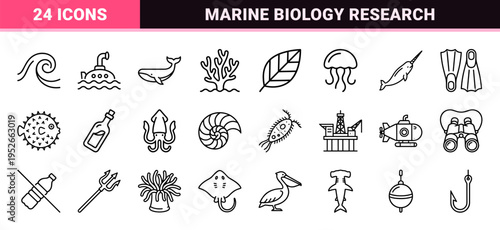 Marine Biology and Ocean Conservation Technical Monoline Outline Symbols for Environmental Research and Ecological Branding Utility