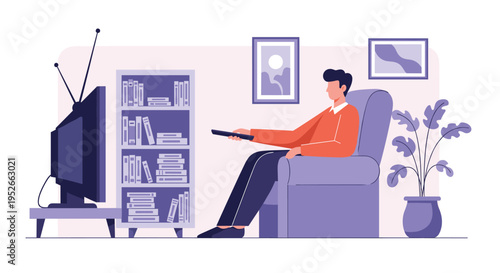 Man relaxing in a comfortable purple armchair while holding a remote control and watching television in his living room.