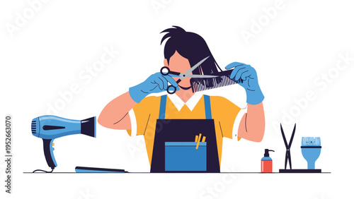 Haircut and Styling Illustration: A stylist meticulously cuts and styles hair with precision. With various tools present, the scene captures the essence of a modern hair salon setting.