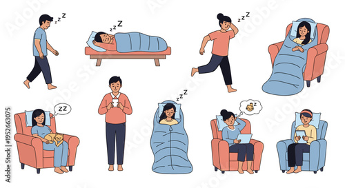 Collection of characters in various stages of sleeping and waking up including people in beds and sleeping bags.
