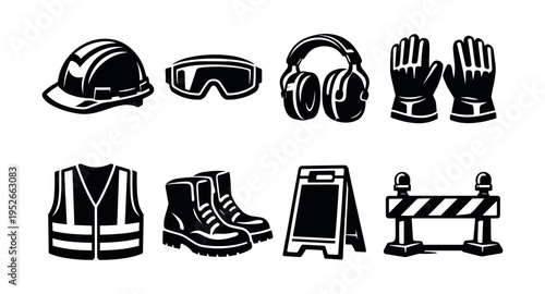 Black and white safety equipment silhouette set including helmet gloves boots