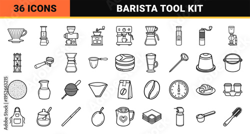 Specialty Coffee Brewing Equipment Technical Monoline Symbols for Barista Training Guides and Cafe Menu Design Aesthetics