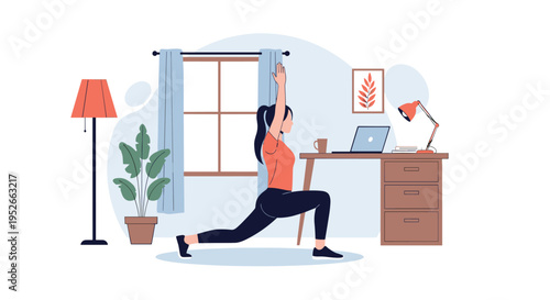 Woman performing a lunge exercise in her home office room while following a workout video on her laptop computer.