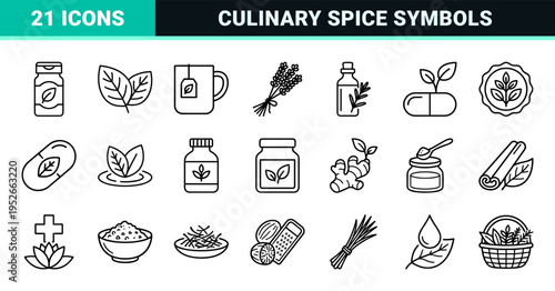 Culinary Seasoning and Herbal Medicine Monoline Symbols, Minimalist Botanical Outline Icons for Holistic Wellness and Organic Cooking