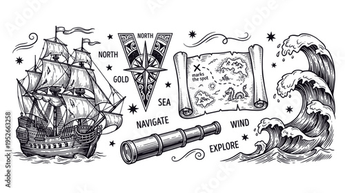 Vintage Nautical Exploration Vector Set: Engraved Sailing Ship, Treasure Map, Spyglass, and Sea Waves in Retro Woodcut Style