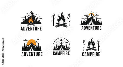 Set of vintage adventure and campfire logos featuring mountains and forest elements for outdoor camping enthusiasts.