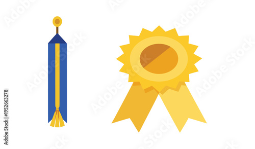 Blue and gold ribbon award and golden rosette medal