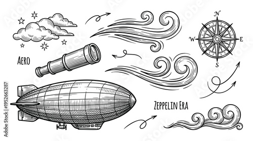 Vintage Hand-Drawn Aeronautics Illustration Set Featuring Zeppelin, Compass, Telescope, and Clouds in Engraving Style