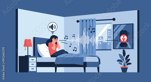 Tired woman in bed trying to sleep while being disturbed by loud music and noise coming from a neighbor's room.