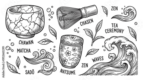 Traditional Japanese Matcha Tea Ceremony Vector Set with Chawan Bowl Chasen Whisk and Zen Waves Hand Drawn Engraving Style Illustration