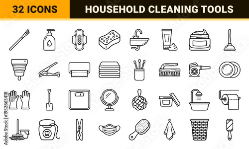 Household Hygiene and Personal Care Technical Monoline Outline Symbols for Commercial Sanitary Maintenance and Wellness Interface Design