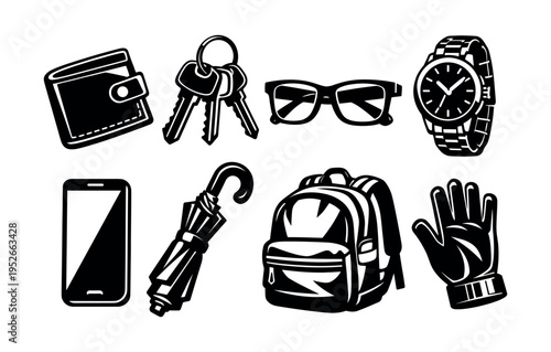 Black and white vector illustration of everyday accessories and gadgets