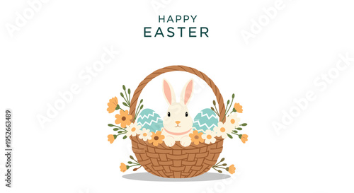 Cute white easter bunny sitting inside a woven basket surrounded by decorated eggs and blooming spring flowers.