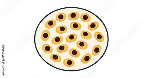 Delicious plate of round golden cookies with a rich dark chocolate center served as a sweet snack or dessert.