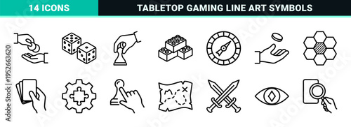 Monoline Gaming and Logic Puzzle Symbols featuring Minimalist Dice, Playing Cards, and Brain Teaser Elements for UI Design and Board Games