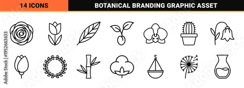 Minimalist Botanical Line Art Symbols for Floral Design and Gardening Apps featuring Sophisticated Monoline Geometric Flower Elements