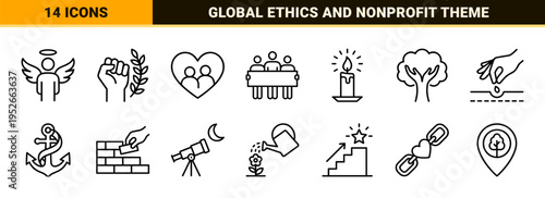 Social Responsibility and Community Values Monoline Icons for Corporate Governance and Non-Profit Global Ethics Outreach
