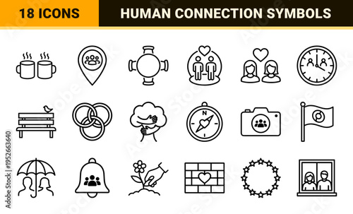 Minimalist Monoline Social Interaction Symbols for Community Engagement and Human Connection featuring Sleek Uniform Black Outlines on White.