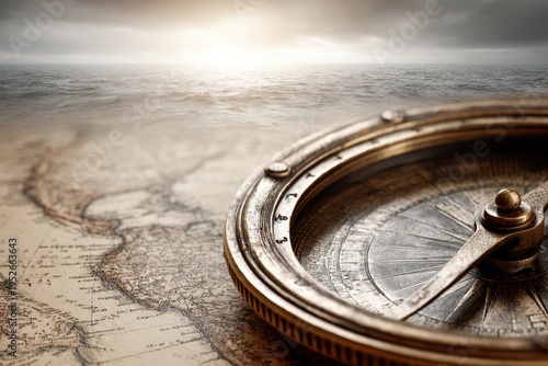 A vintage compass resting on an antique map against a sea horizon background creates a sense of adventure and exploration, invoking travel and discovery.