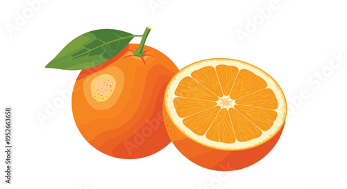 Fresh and juicy whole orange fruit with a green leaf next to a sliced half showing the inner pulp texture.