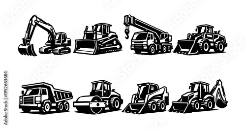 Vector silhouette set of construction vehicles and heavy machinery clipart