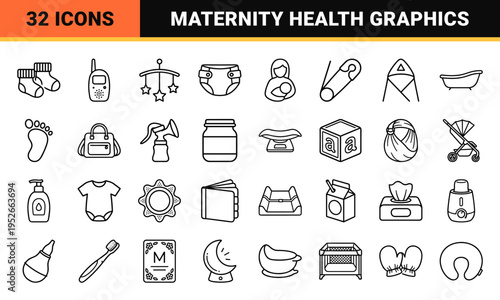 Professional Maternity and Infant Care Line Art Symbols Featuring Minimalist Monoline Aesthetics for Healthcare and Parenting Applications