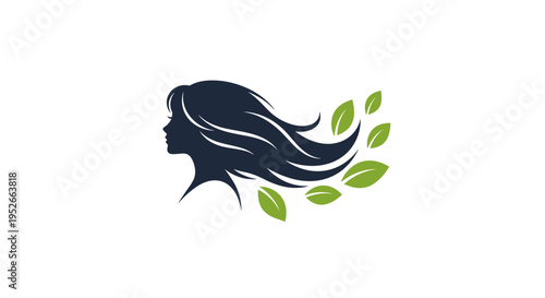 Woman's Silhouette With Flowing Hair And Green Leaves