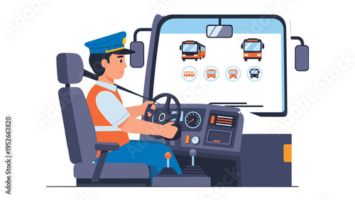 Bus Driver at the Wheel: A focused bus operator navigates the digital realm of driving, with a virtual interface providing real-time data and control.