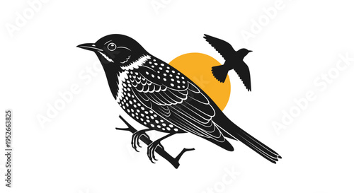 Black and white illustration of a bird perched on a branch with another bird flying against a large orange sun.