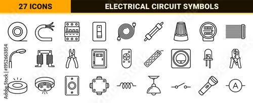 Electrical Wiring Infrastructure and Power Engineering Neo-Line Art Symbols for Technical Documentation and Construction Blueprints