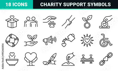 Humanitarian Aid Monoline Symbols for Nonprofit Branding and Charity UI Design featuring Minimalist Heart and Hand Care Illustrations.