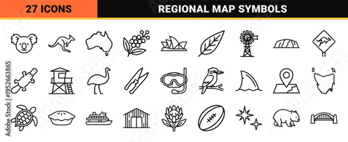 Australia Geography Map Silhouette and Regional Landmark Symbols in Sophisticated Monoline Vector Style for Tourism and Navigation Interface