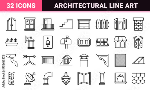 Architectural House Elements Line Art Symbols for Real Estate and Construction Design Featuring Windows Balconies and Residential Details